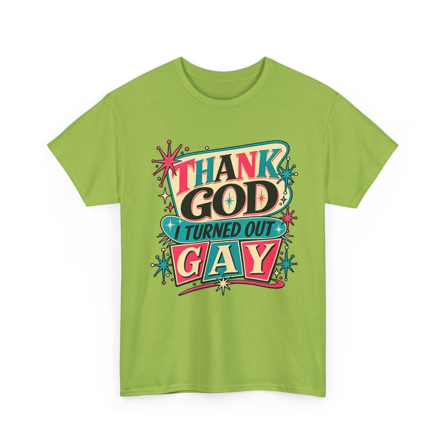 Thank God I Turned Out Gay — Retro Atomic Pride Tee
