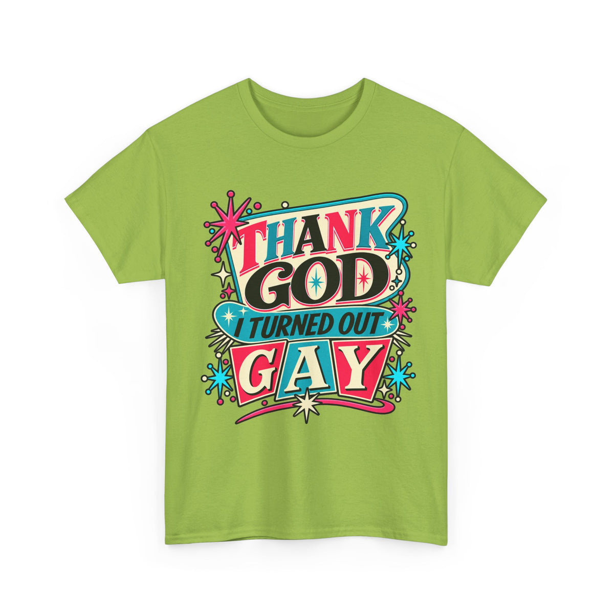 Thank God I Turned Out Gay — Retro Atomic Pride Tee