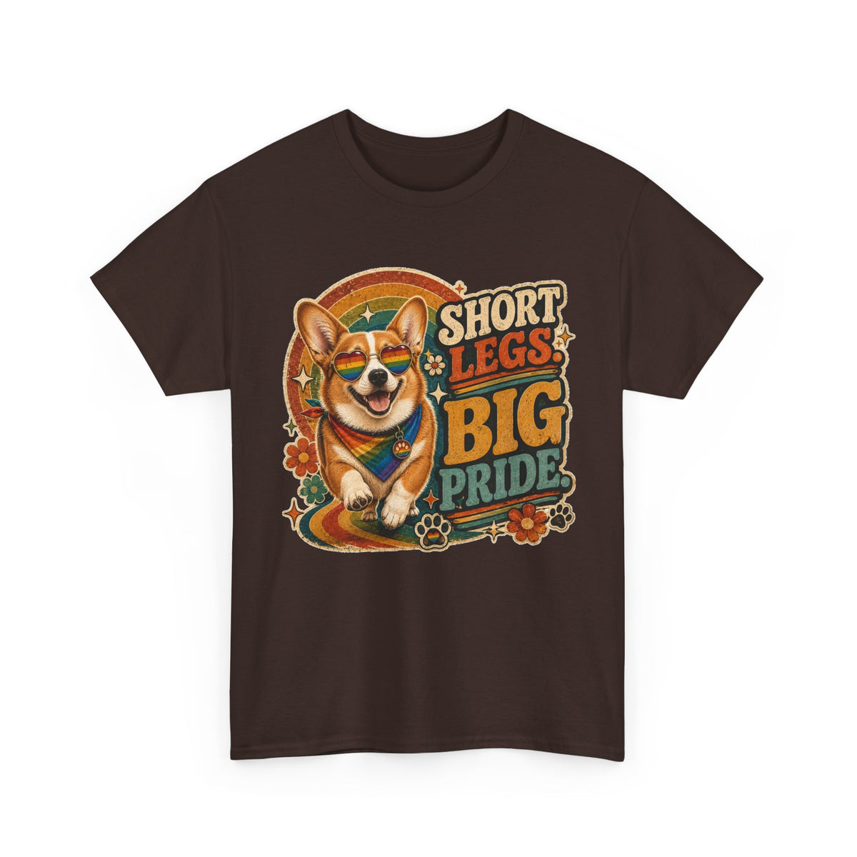 Short Legs Big Pride Corgi T-Shirt – Retro LGBTQ+ Pride Dog Lover Graphic Tee