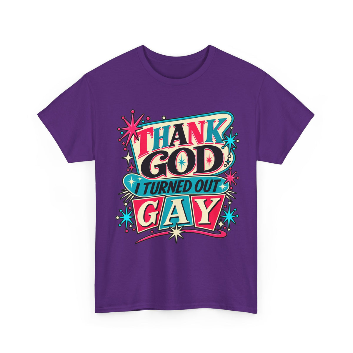 Thank God I Turned Out Gay — Retro Atomic Pride Tee