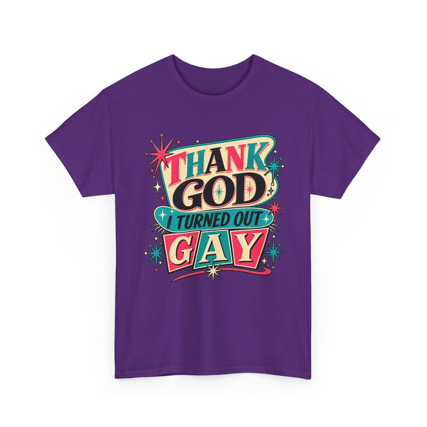 Thank God I Turned Out Gay — Retro Atomic Pride Tee