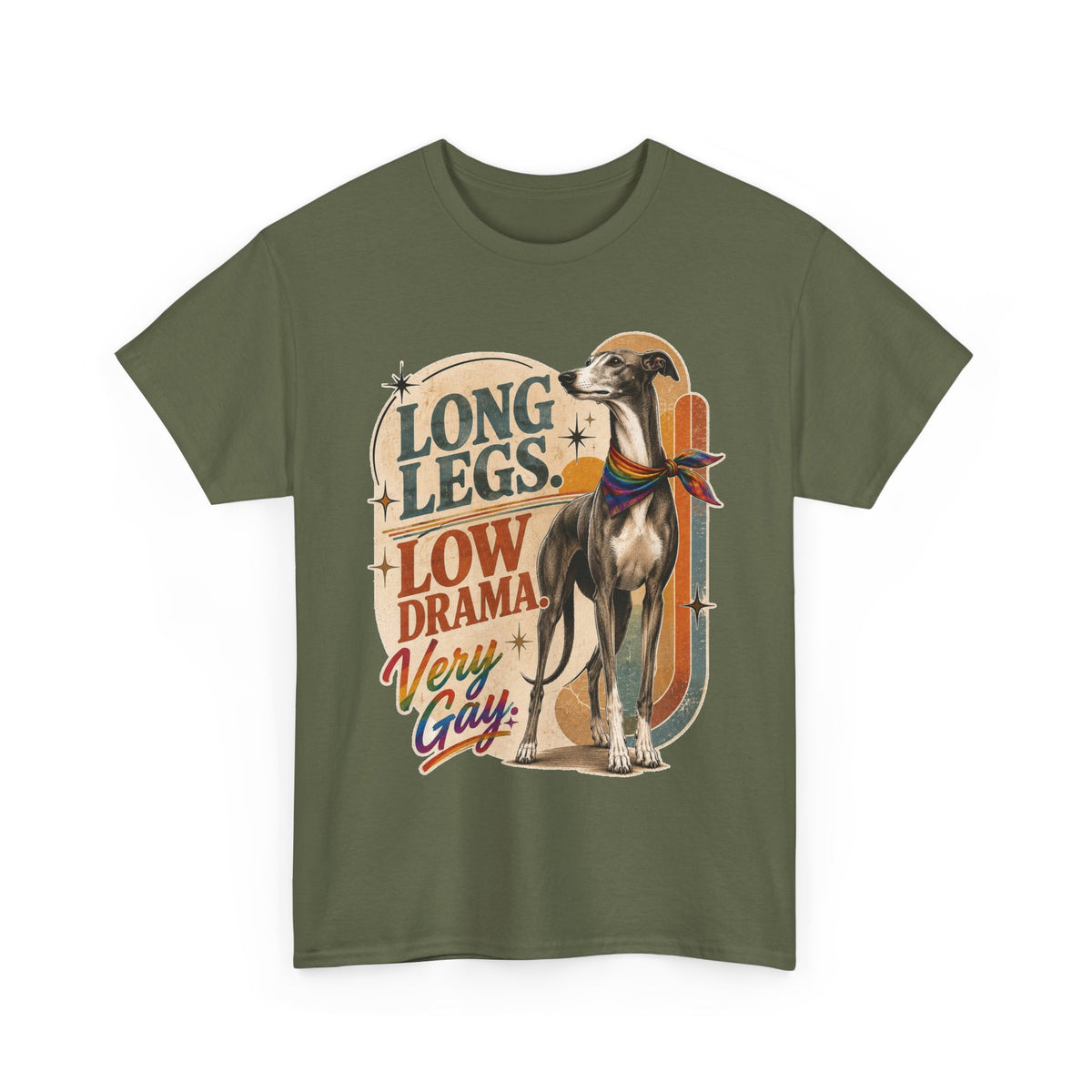 Long Legs Low Drama Very Gay Greyhound T-Shirt – Retro LGBTQ+ Pride Dog Lover Graphic Tee